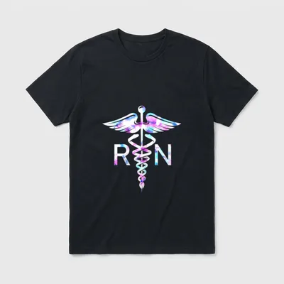 RN Registered Nurse Life Earned T-Shirt – Watercolor caduceus medical symbol flanked by RN letters – Classic T-Shirt in Black