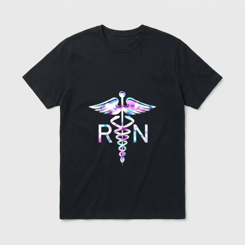 RN Registered Nurse Life Earned T-Shirt – Watercolor caduceus medical symbol flanked by RN letters – Classic T-Shirt in Black