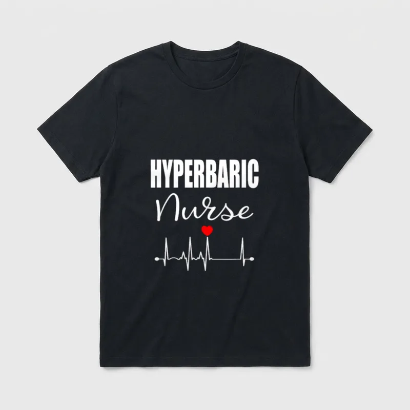 Hyperbaric Nurse RN T-Shirt – HYPERBARIC Nurse with heartbeat pulse line and red heart – Classic T-Shirt in Black