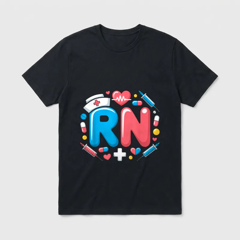 RN Nurse Check T-Shirt – Letters RN surrounded by syringes, pills, hearts, and a nurse cap – Classic T-Shirt in Black