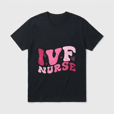 Pink IVF Nurse Fertility Fertility Rn T-Shirt – “IVF NURSE” in retro pink letters with butterflies – Classic T-Shirt in Black
