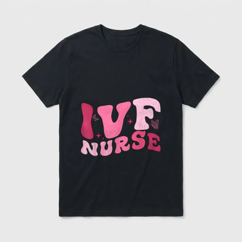 Pink IVF Nurse Fertility Fertility Rn T-Shirt – “IVF NURSE” in retro pink letters with butterflies – Classic T-Shirt in Black