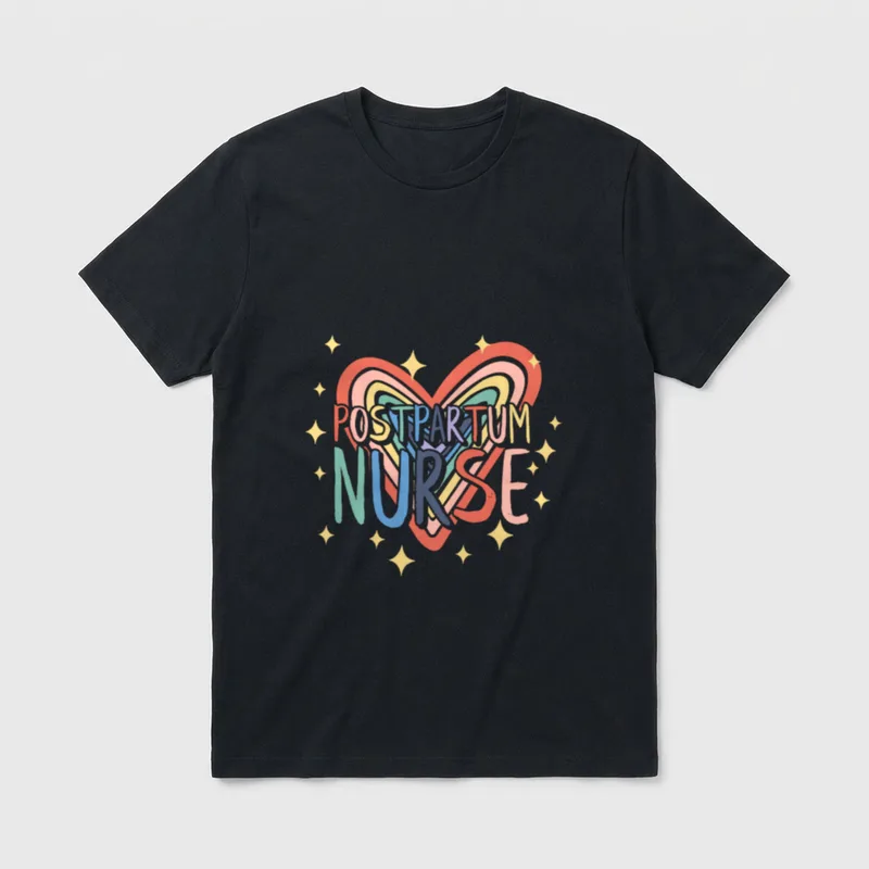 Registered Nurse RN Postpartum T-Shirt – Colorful “POSTPARTUM NURSE” lettering and layered heart – Classic T-Shirt in Black