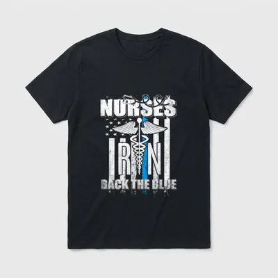 US Flag Proud RN Nurse T-Shirt – Distressed flag with Nurses Back The Blue and RN caduceus – Classic T-Shirt in Black