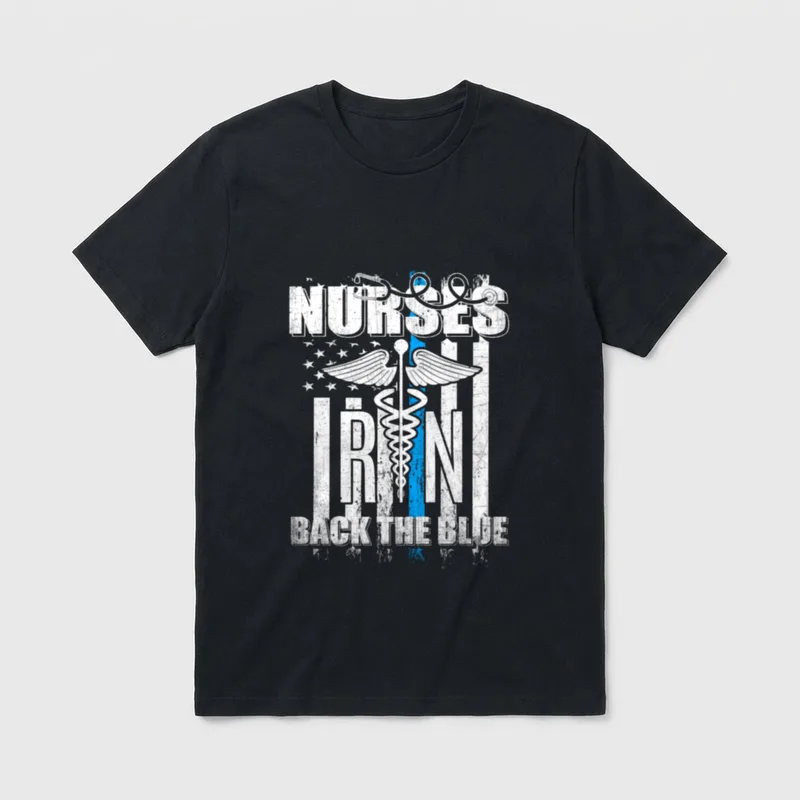 US Flag Proud RN Nurse T-Shirt – Distressed flag with Nurses Back The Blue and RN caduceus – Classic T-Shirt in Black
