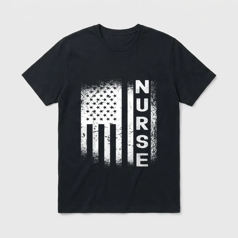 Registered Nurse RN Double-needle T-Shirt – Distressed American flag with vertical NURSE lettering – Classic T-Shirt in Black