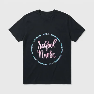 Cute School Nurse T-Shirt – School Nurse text in pink script with circular adjective border – Classic T-Shirt in Black