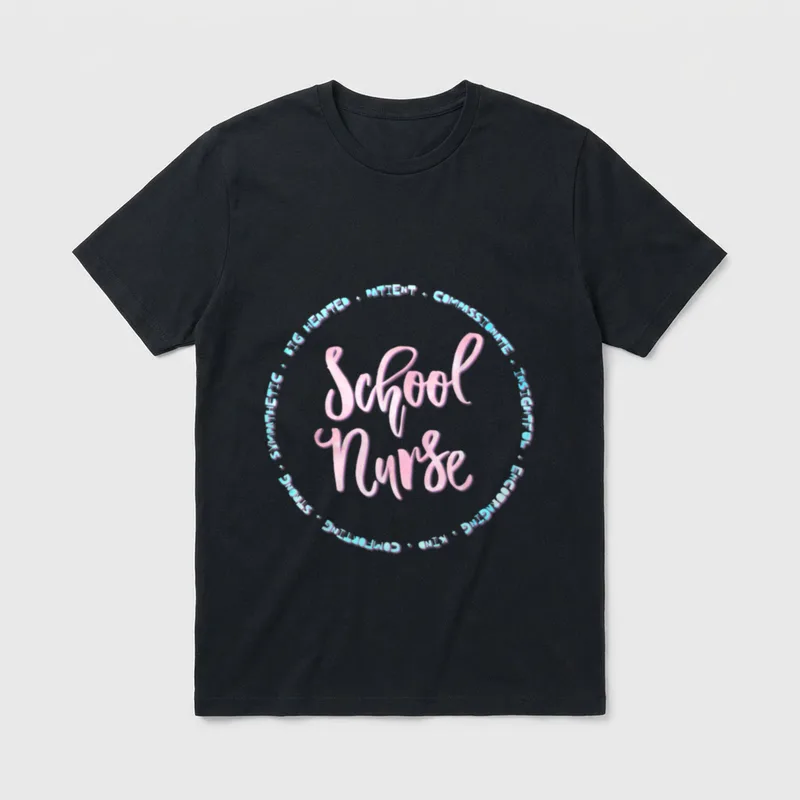 Cute School Nurse T-Shirt – School Nurse text in pink script with circular adjective border – Classic T-Shirt in Black