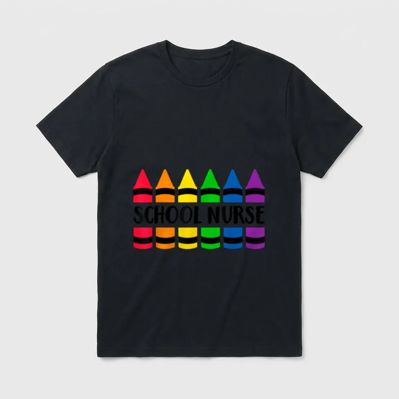 Crayon Crayon School Nurse Teacher T-Shirt – Six colorful crayons with bold School Nurse lettering – Classic T-Shirt in Black