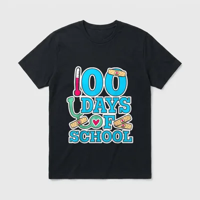 School Nurse 100 Days T-Shirt – 100 DAYS OF SCHOOL with thermometer and bandages – Classic T-Shirt in Black