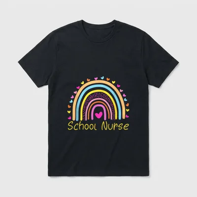 School Nurse Rainbow T-Shirt – Rainbow arches with hearts, dots, and yellow School Nurse lettering – Classic T-Shirt in Black