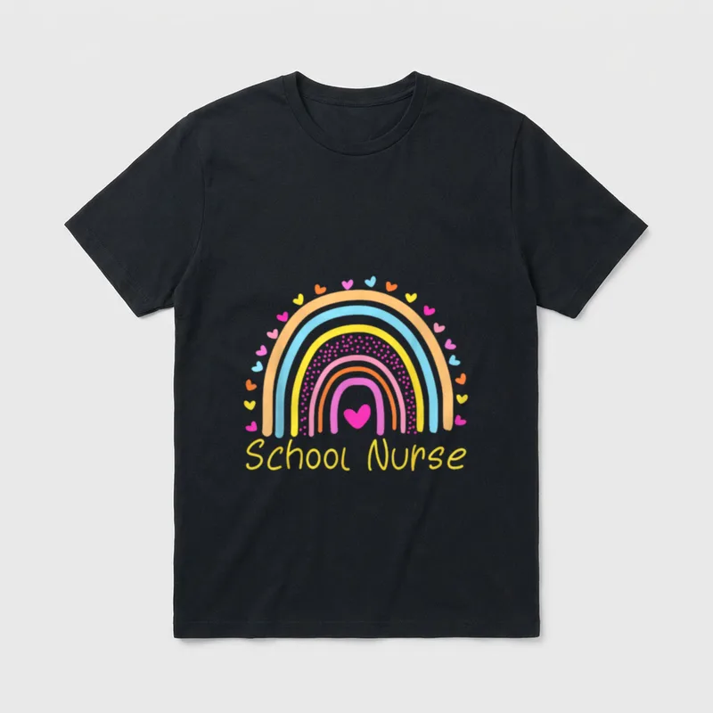 School Nurse Rainbow T-Shirt – Rainbow arches with hearts, dots, and yellow School Nurse lettering – Classic T-Shirt in Black