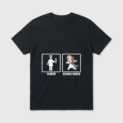 Funny Nurse Vs School T-Shirt – “NURSE” and “SCHOOL NURSE” with nurse figure and dabbing unicorn – Classic T-Shirt in Black