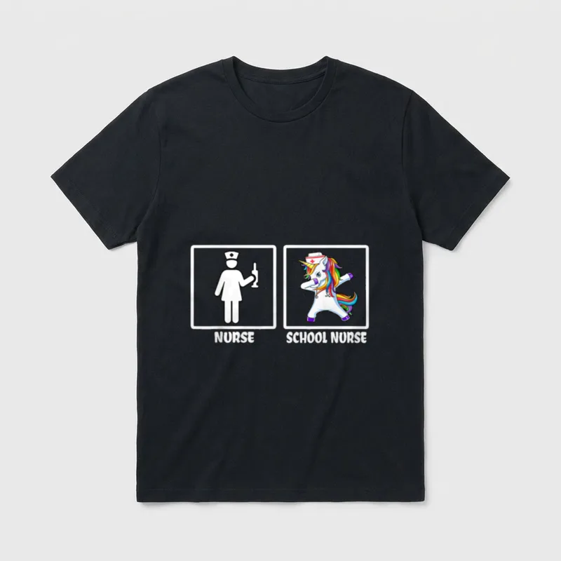 Funny Nurse Vs School T-Shirt – “NURSE” and “SCHOOL NURSE” with nurse figure and dabbing unicorn – Classic T-Shirt in Black