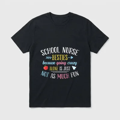 School Nurse Besties T-Shirt – School nurse slogan with red apple, arrows, and paper airplane – Classic T-Shirt in Black