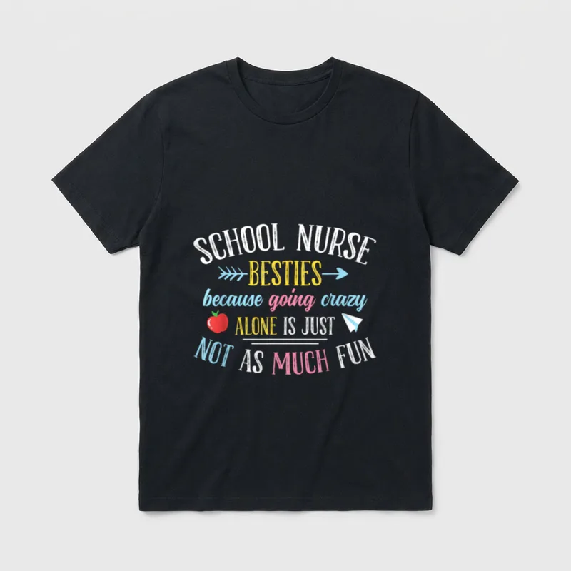 School Nurse Besties T-Shirt – School nurse slogan with red apple, arrows, and paper airplane – Classic T-Shirt in Black