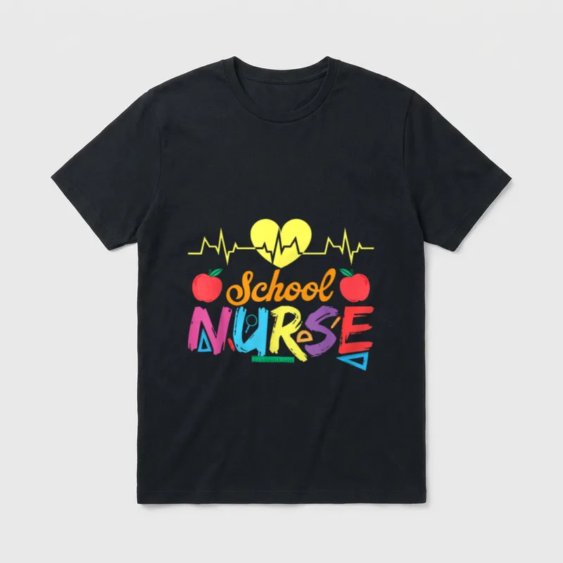 School Nurse Every T-Shirt – School Nurse lettering with yellow heart pulse and school tools – Classic T-Shirt in Black