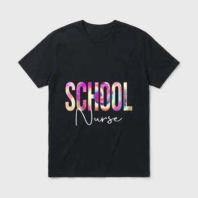 School Nurse Tie Dye Back T-Shirt – SCHOOL Nurse in colorful tie-dye and white script lettering – Classic T-Shirt in Black