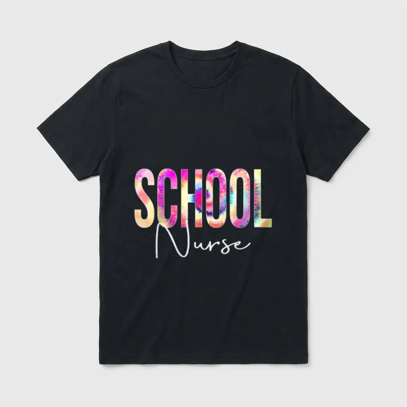 School Nurse Tie Dye Back T-Shirt – SCHOOL Nurse in colorful tie-dye and white script lettering – Classic T-Shirt in Black