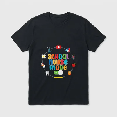 Funny School Nurse Mode T-Shirt – School Nurse Mode On lettering with first aid and school icons – Classic T-Shirt in Black