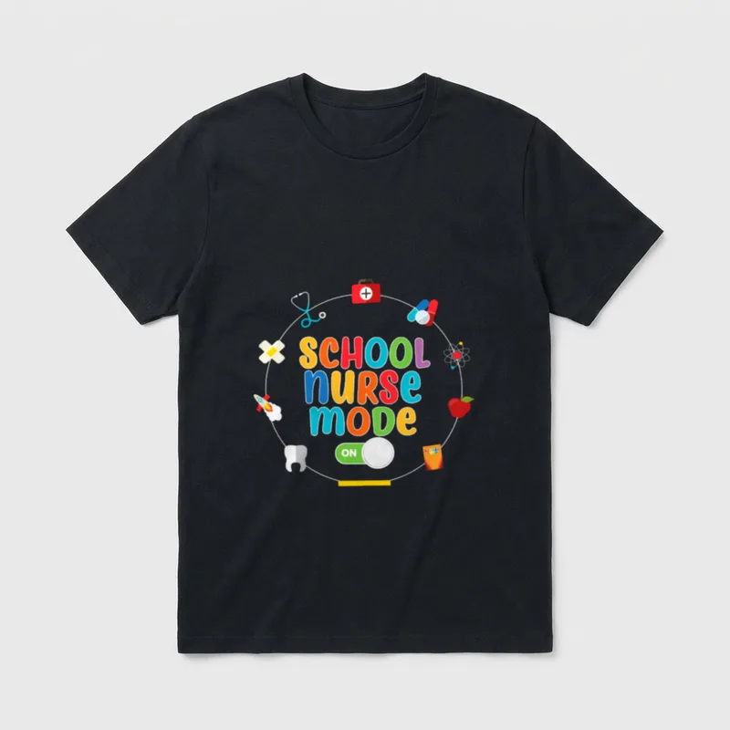 Funny School Nurse Mode T-Shirt – School Nurse Mode On lettering with first aid and school icons – Classic T-Shirt in Black