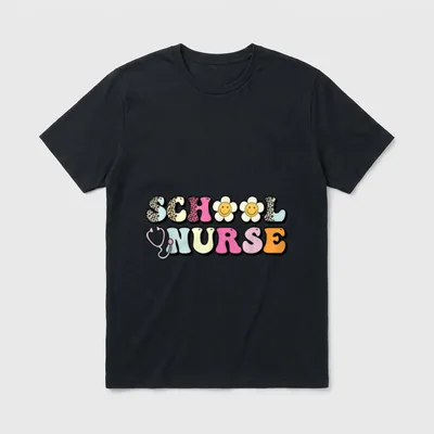 School Nurse Appreciation T-Shirt – “SCHOOL NURSE” in retro bubble lettering with daisies – Classic T-Shirt in Black