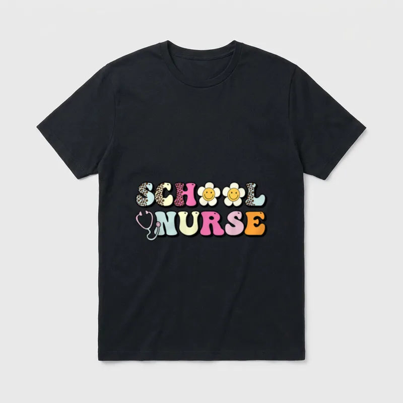 School Nurse Appreciation T-Shirt – “SCHOOL NURSE” in retro bubble lettering with daisies – Classic T-Shirt in Black
