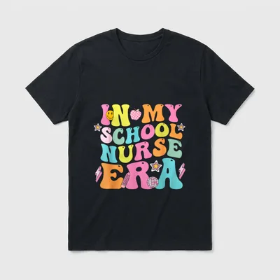 In My School Nurse Era Groovy T-Shirt – IN MY SCHOOL NURSE ERA lettering with apple and disco ball – Classic T-Shirt in Black