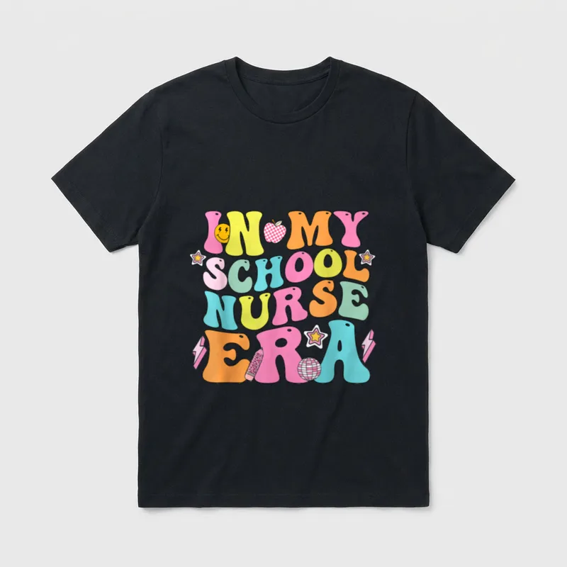 In My School Nurse Era Groovy T-Shirt – IN MY SCHOOL NURSE ERA lettering with apple and disco ball – Classic T-Shirt in Black