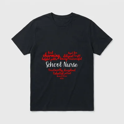 School Nurse Classic T-Shirt – Red script heart word cloud around School Nurse lettering – Classic T-Shirt in Black