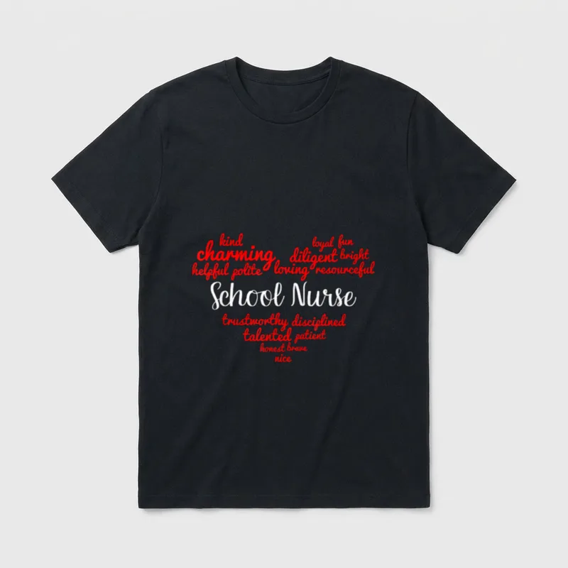 School Nurse Classic T-Shirt – Red script heart word cloud around School Nurse lettering – Classic T-Shirt in Black