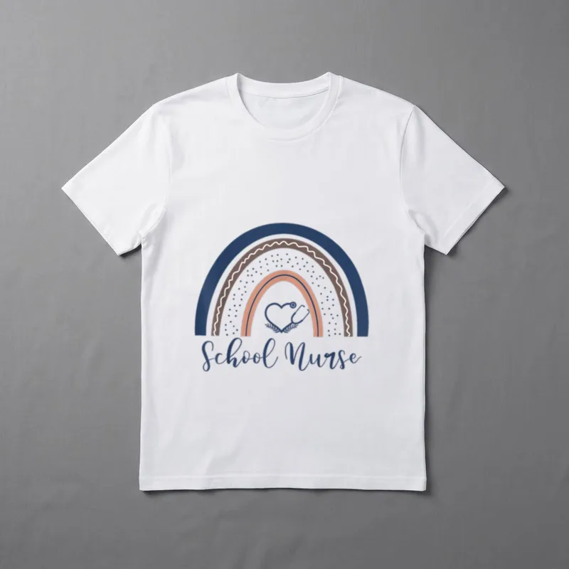 School Nurse First T-Shirt – Boho rainbow with heart stethoscope and School Nurse lettering – Classic T-Shirt in Black