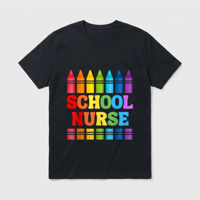 School Nurse Crayon Back T-Shirt – Colorful crayons framing the printed words SCHOOL NURSE – Classic T-Shirt in Black