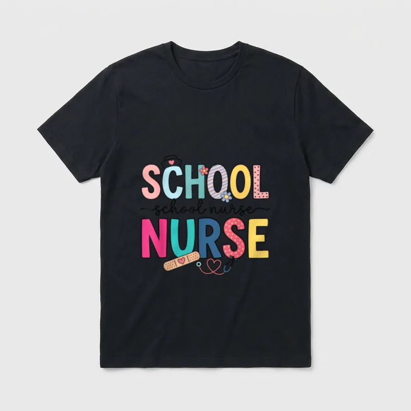 School Nurse Scraped T-Shirt – Colorful lettering reading SCHOOL school nurse NURSE – Classic T-Shirt in Black