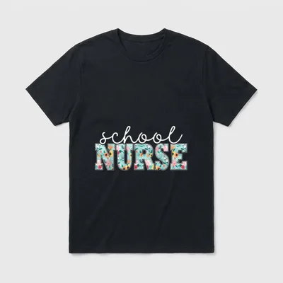School Nurse Doctor Profession T-Shirt – The words school NURSE in script and floral block letters – Classic T-Shirt in Black