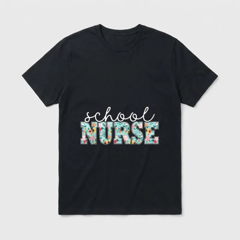 School Nurse Doctor Profession T-Shirt – The words school NURSE in script and floral block letters – Classic T-Shirt in Black