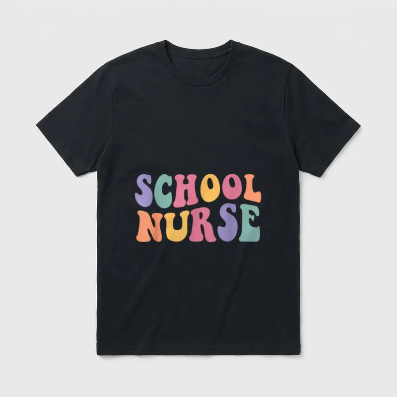 School Nurse Groovy Back T-Shirt – Colorful retro wavy lettering spelling out “SCHOOL NURSE” – Classic T-Shirt in Black