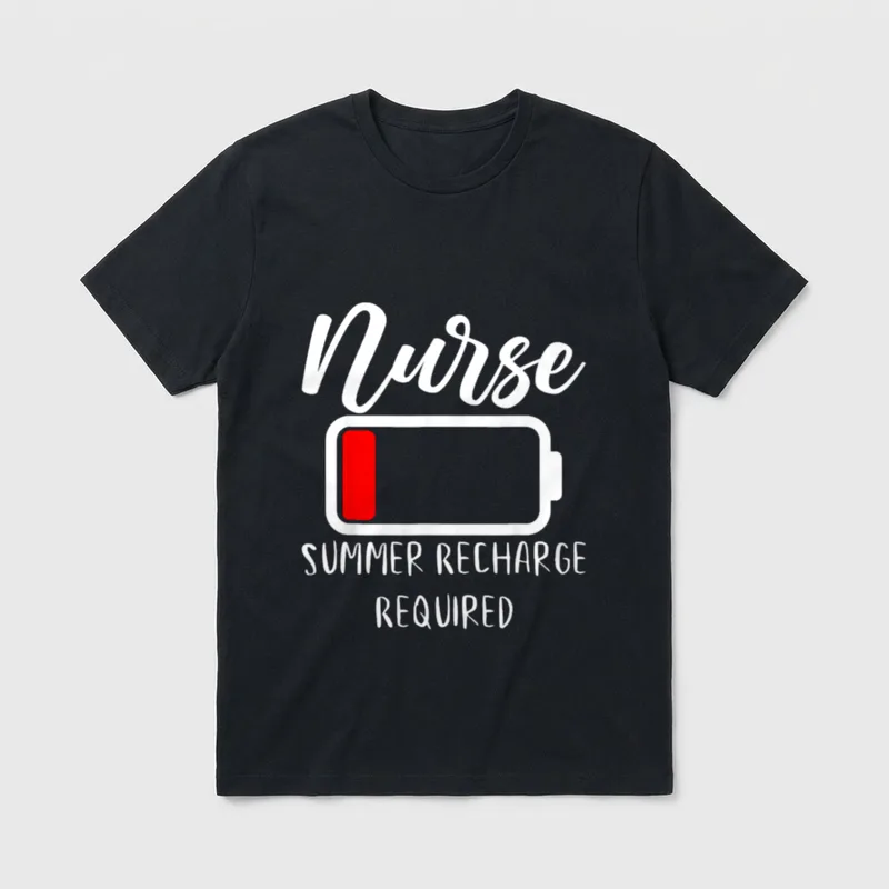 Nurse School Last Day Saying T-Shirt – Nurse Summer Recharge Required with a low battery outline – Classic T-Shirt in Black