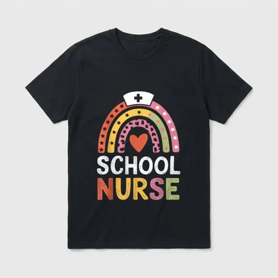 School Nurse Bottom T-Shirt – Rainbow with nurse cap, heart, and “SCHOOL NURSE” lettering – Classic T-Shirt in Black