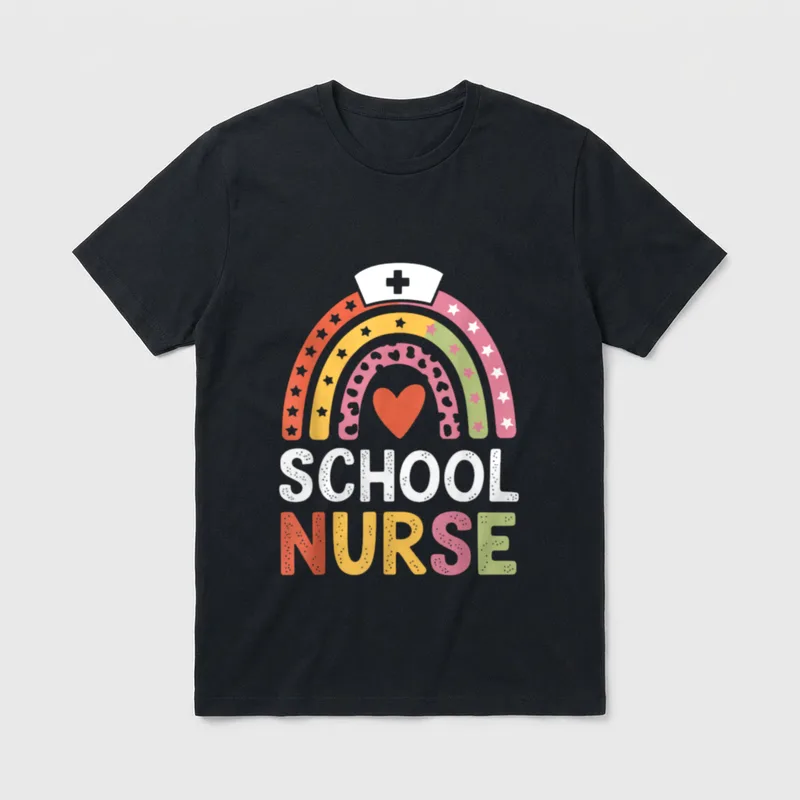 School Nurse Bottom T-Shirt – Rainbow with nurse cap, heart, and “SCHOOL NURSE” lettering – Classic T-Shirt in Black