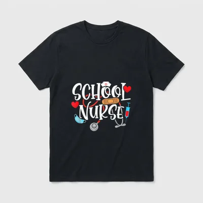 School Nurse Passionate T-Shirt – Lettering that reads SCHOOL NURSE with nurse cap and stethoscope – Classic T-Shirt in Black
