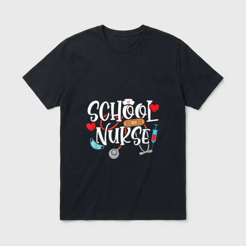 School Nurse Passionate T-Shirt – Lettering that reads SCHOOL NURSE with nurse cap and stethoscope – Classic T-Shirt in Black