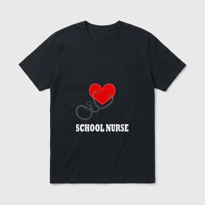 School Nurse Specialty T-Shirt – Red stitched heart and stethoscope above SCHOOL NURSE lettering – Classic T-Shirt in Black
