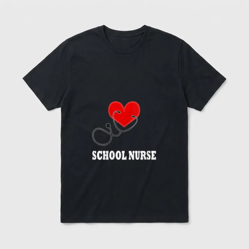School Nurse Specialty T-Shirt – Red stitched heart and stethoscope above SCHOOL NURSE lettering – Classic T-Shirt in Black