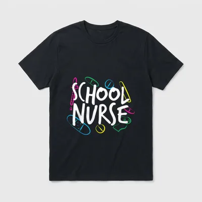 School Nurse Hem T-Shirt – White lettering reading SCHOOL NURSE with colorful clinic doodles – Classic T-Shirt in Black