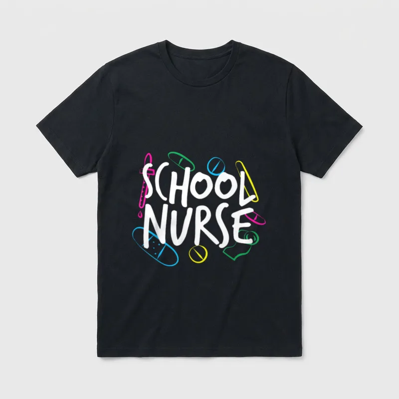 School Nurse Hem T-Shirt – White lettering reading SCHOOL NURSE with colorful clinic doodles – Classic T-Shirt in Black