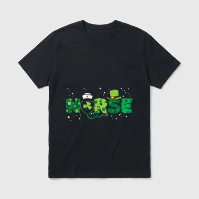 Irish Nurse Shirt – Green letters spelling NURSE with shamrocks and a stethoscope – Classic T-Shirt in Black