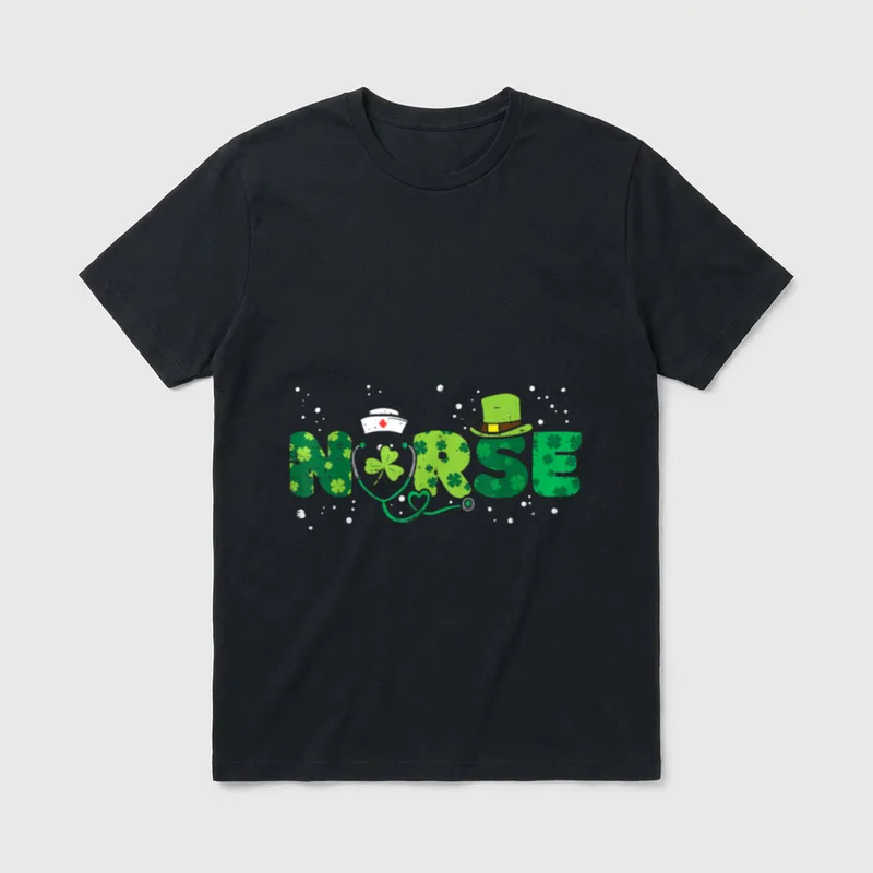Irish Nurse Shirt – Green letters spelling NURSE with shamrocks and a stethoscope – Classic T-Shirt in Black