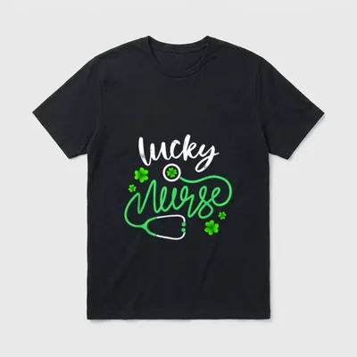 Lucky Nurse RN T-Shirt – Lucky Nurse lettering with stethoscope and green clovers – Classic T-Shirt in Black