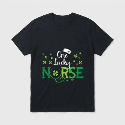 One Lucky Nurse Saint Paddys RN T-Shirt – One Lucky NURSE with nurse cap and stethoscope clover – Classic T-Shirt in Black